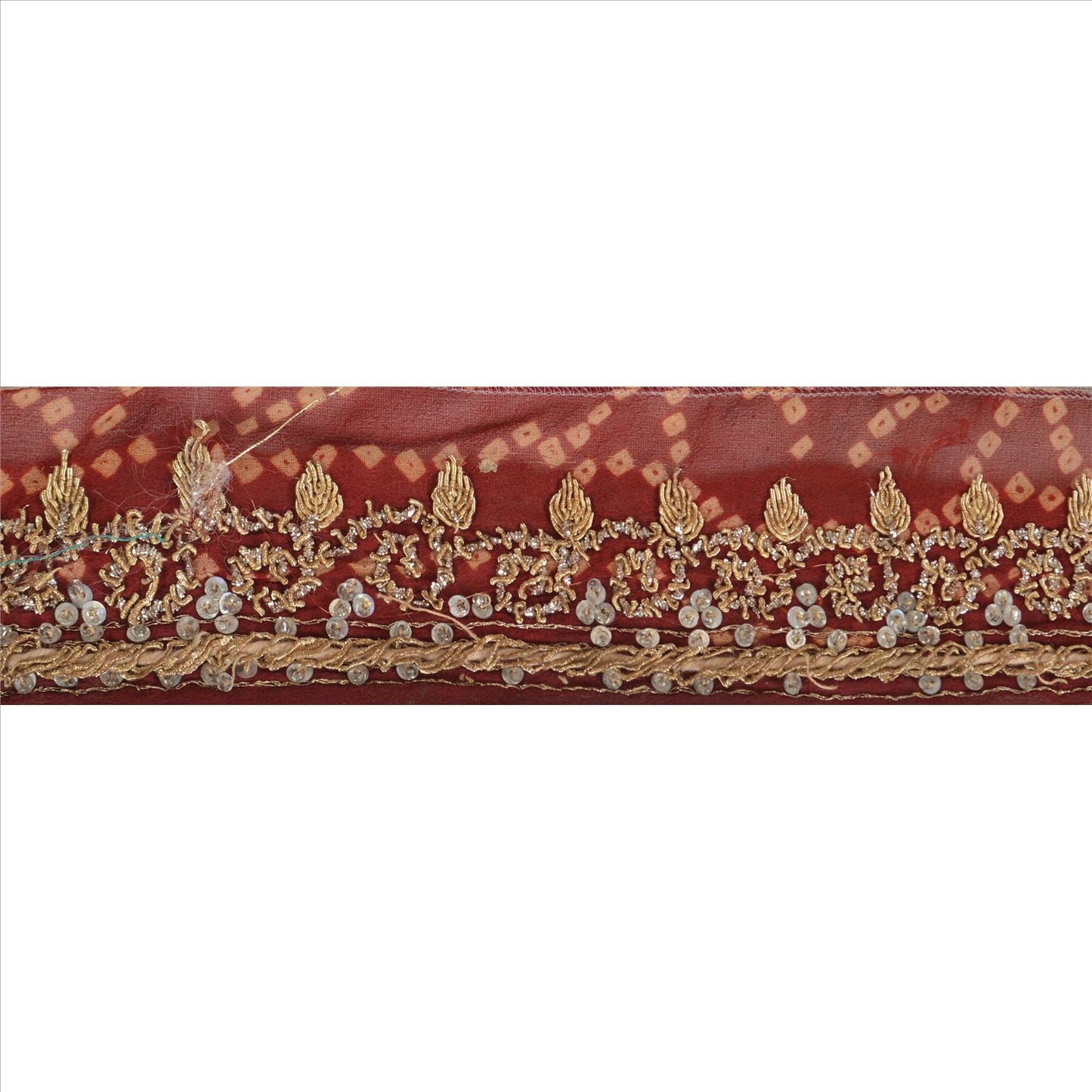 Sanskriti Vintage Bandhani Sari Border Hand Beaded 1 YD Trim Ribbon Maroon Lace