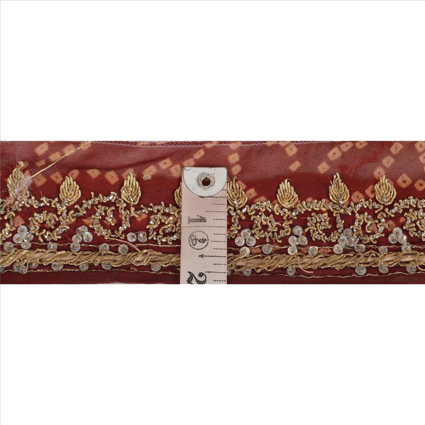 Sanskriti Vintage Bandhani Sari Border Hand Beaded 1 YD Trim Ribbon Maroon Lace