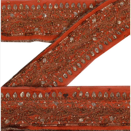 Sanskriti Vintage Sari Border Antique Hand Beaded Indian 1 Yd Trim Orange Lace