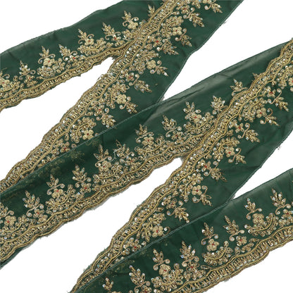 Sanskriti Vintage Sari Border Hand Beaded Craft 1 YD Sewing Green Trims Lace