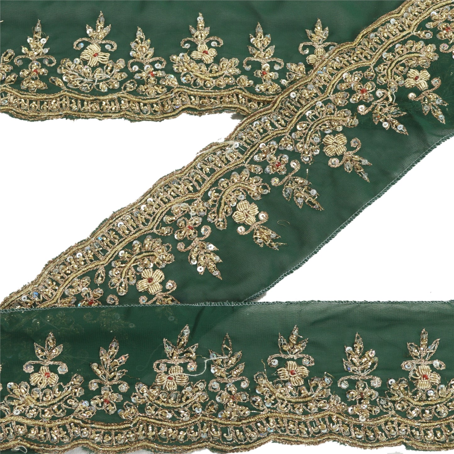 Sanskriti Vintage Sari Border Hand Beaded Craft 1 YD Sewing Green Trims Lace