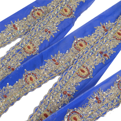 Sanskriti Vintage Sari Border Hand Beaded Craft 1YD Sewing Royal Blue Trims Lace