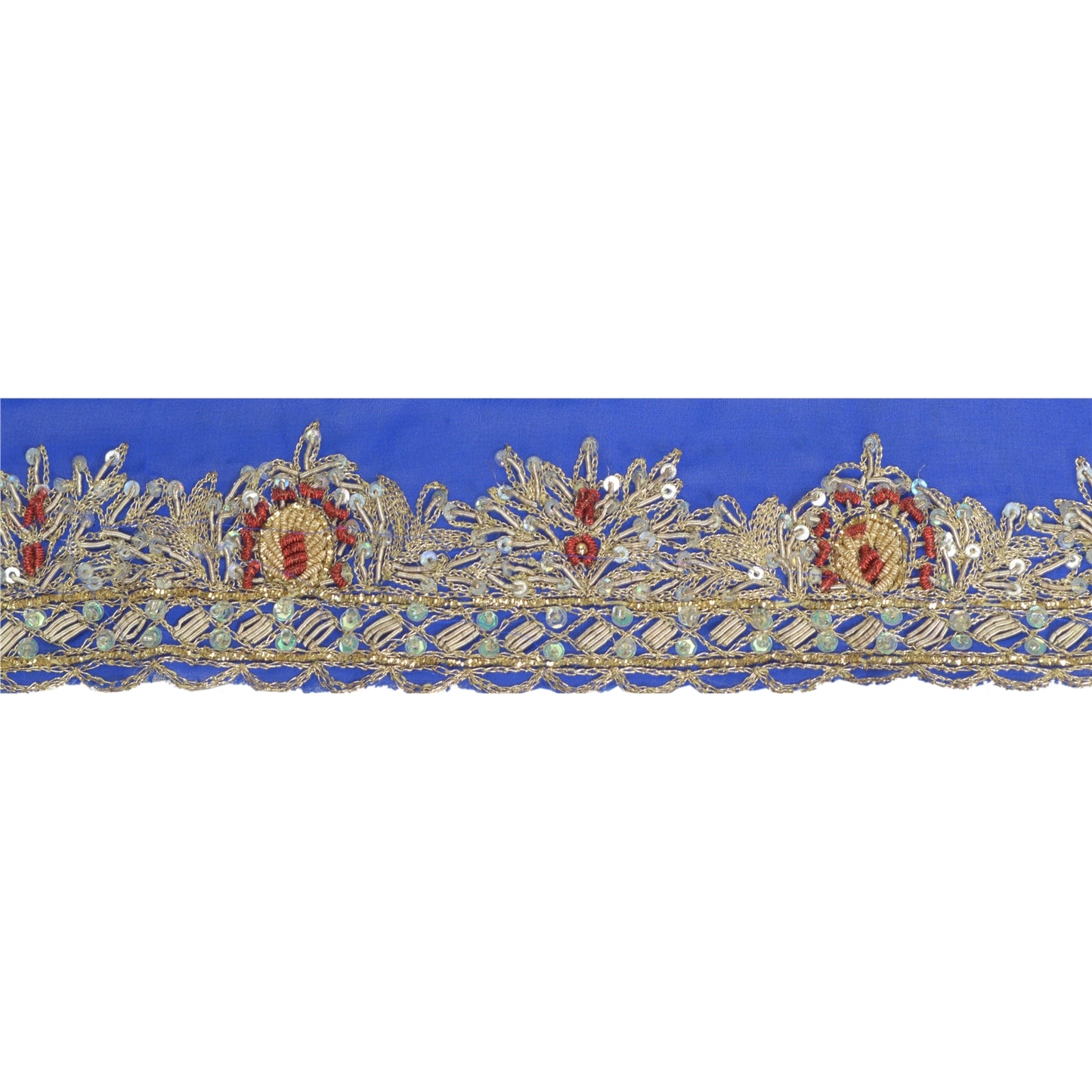 Sanskriti Vintage Sari Border Hand Beaded Craft 1YD Sewing Royal Blue Trims Lace