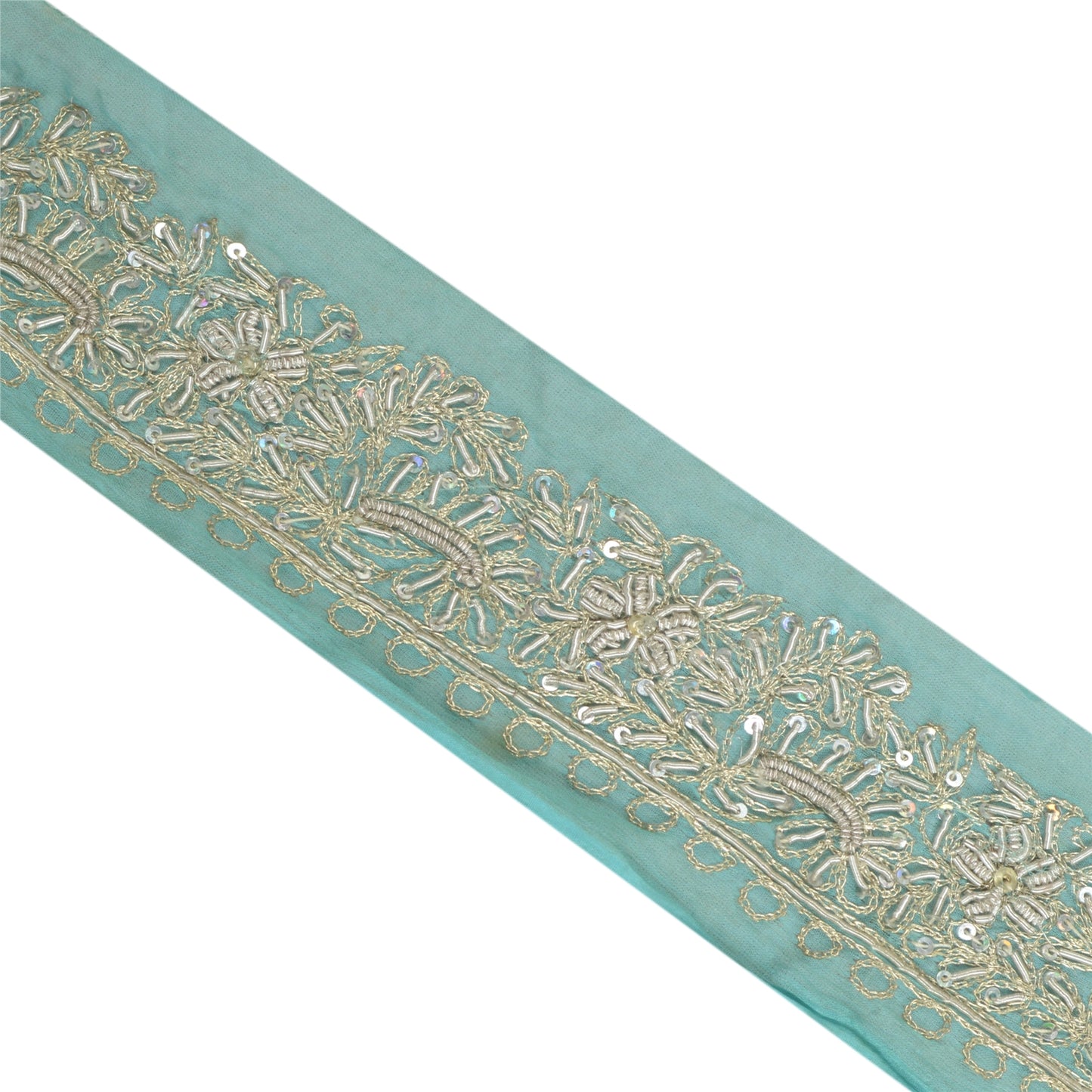 Sanskriti Vintage Sari Border Hand Beaded Craft 1 YD Sewing Sea Green Trims Lace