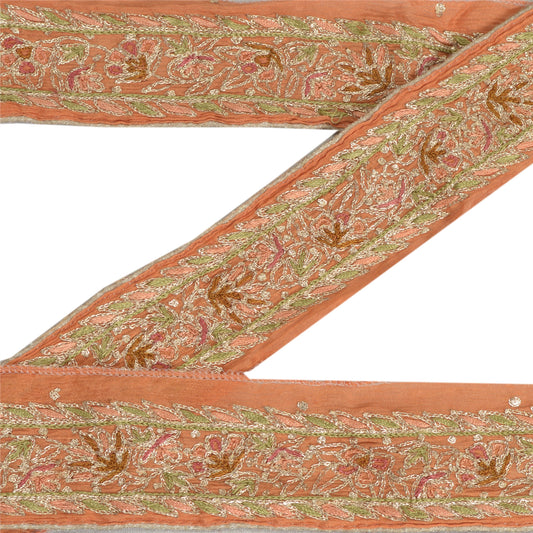 Sanskriti Vintage Sari Border Hand Embroidered Craft 1 YD Orange Trims Lace