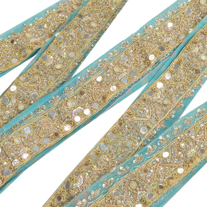 Sanskriti Vintage Sari Border Hand Beaded Craft 1 YD Sewing Sky Blue Trims Lace