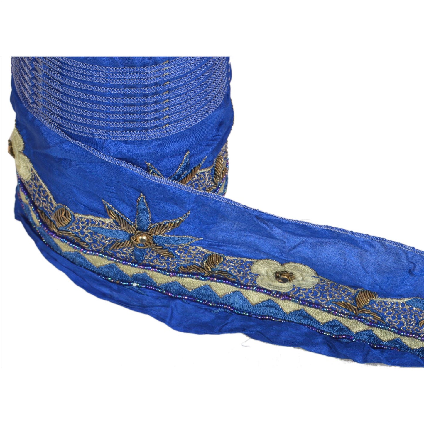 Sanskriti Vintage Sari Border HandBeaded 1 YD Indian Trim Sewing Blue Lace