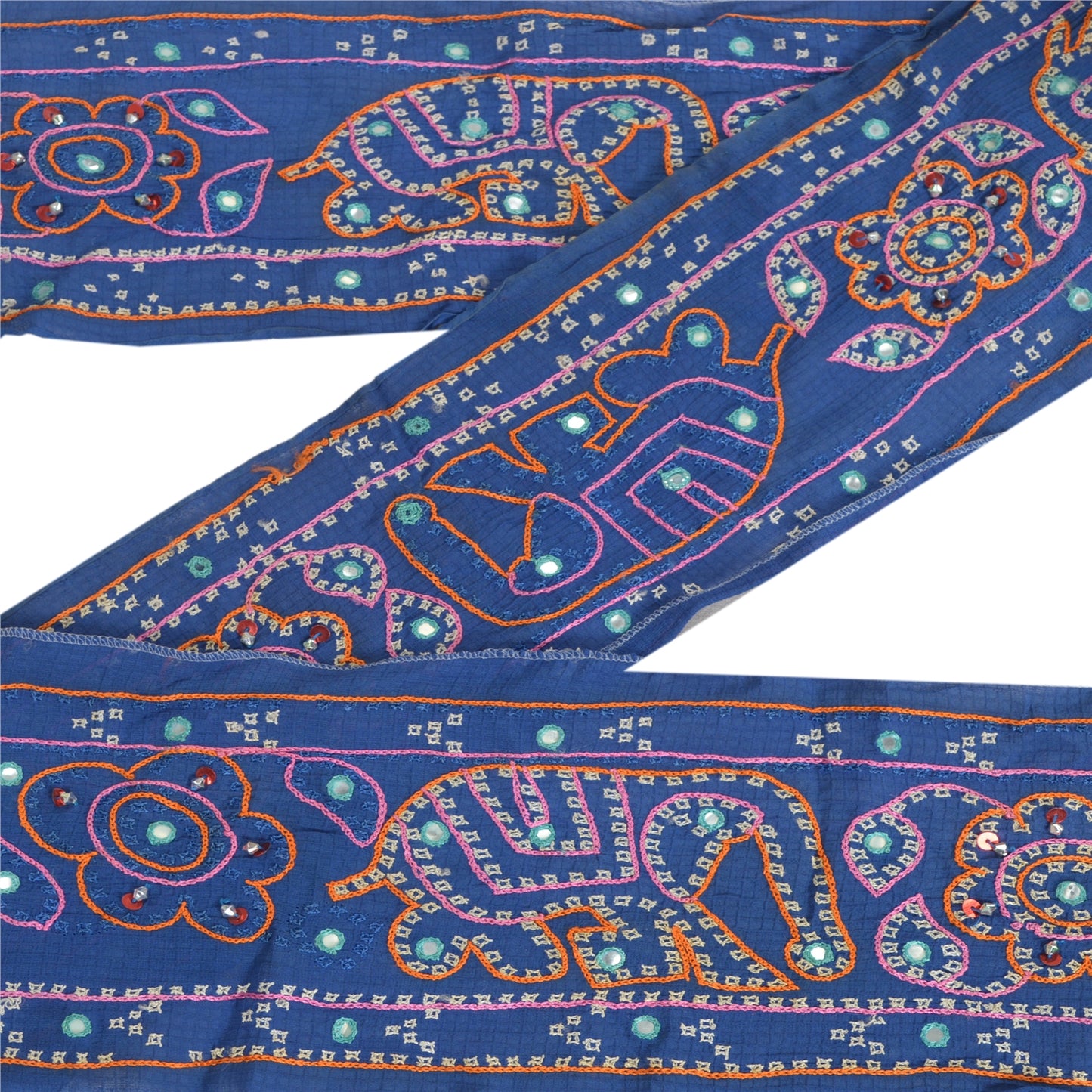 Sanskriti Vintage Sari Border Hand Embroidered Craft 1 YD Sewing Blue Trims Lace