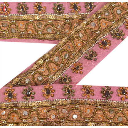 SANSKRITI VINTAGE Border Antique Hand Beaded 1 YD Indian Trim Sewing Pink Lace