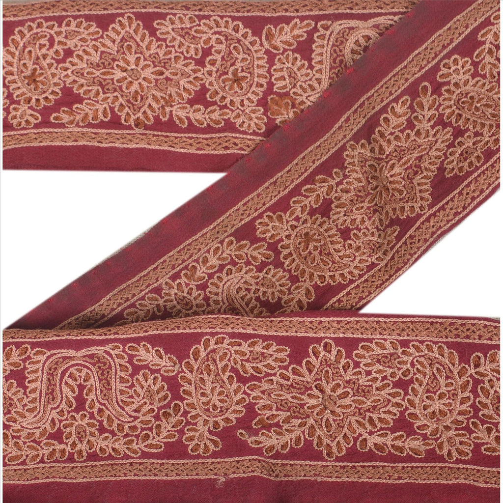 Sanskriti Vintage Sari Border Hand Beaded 1 YD Indian Trim Sewing Dark Red Lace