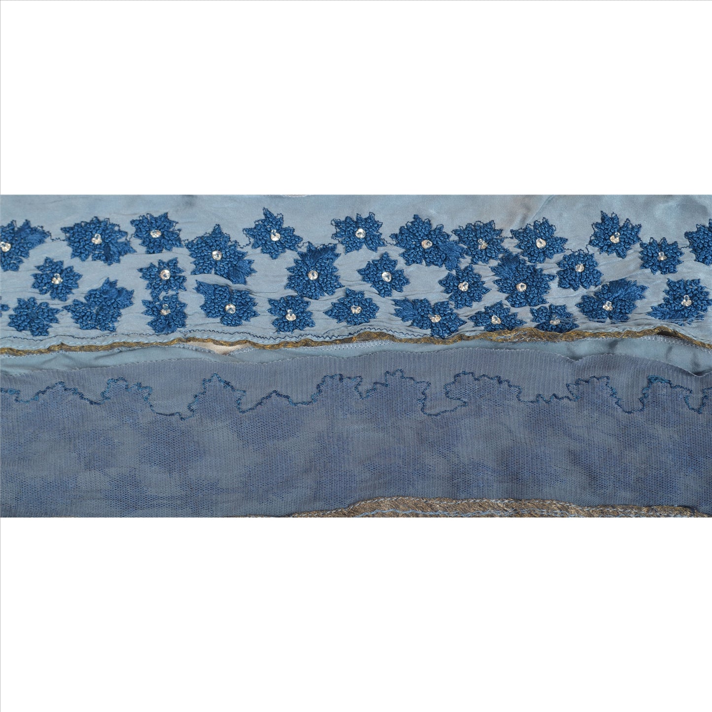 Sanskriti Vintage Sari Border Antique Hand Beaded 1 YD  Trim Sewing Blue Lace