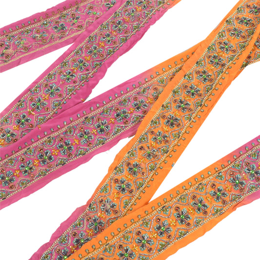 SANSKRITI VINTAGE SARI BORDER HAND BEADED 1YD TRIMS DECOR LACE 2.2'W ORANGE PINK