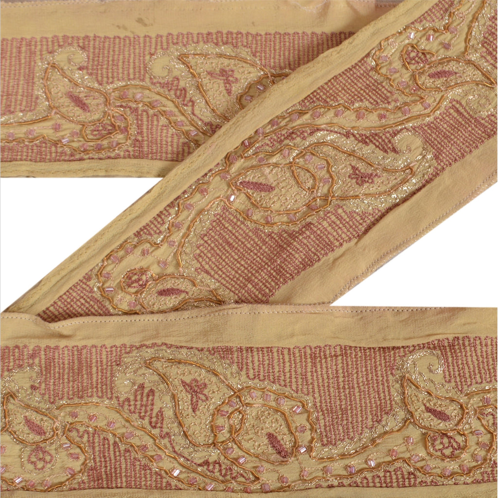 Sanskriti Vintage Sari Border Antique Hand Beaded 1 YD Trim Sewing Cream Lace