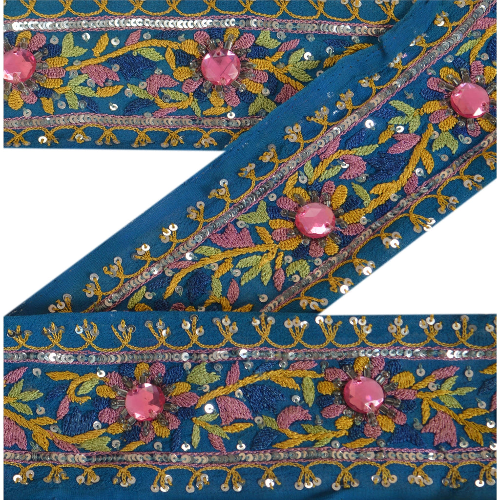 Sanskriti Vintage Saree Border Hand Beaded 1 Yard Indian Trim Sewing Blue Lace