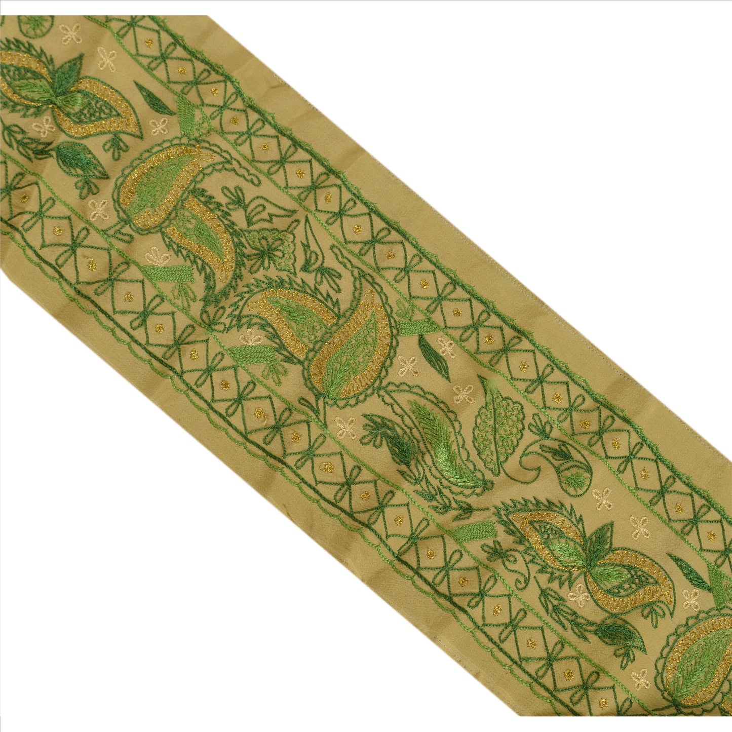 Sanskriti Vintage Sari Border Hand Embroidered 1 YD Indian Trim Sewing Green Lace