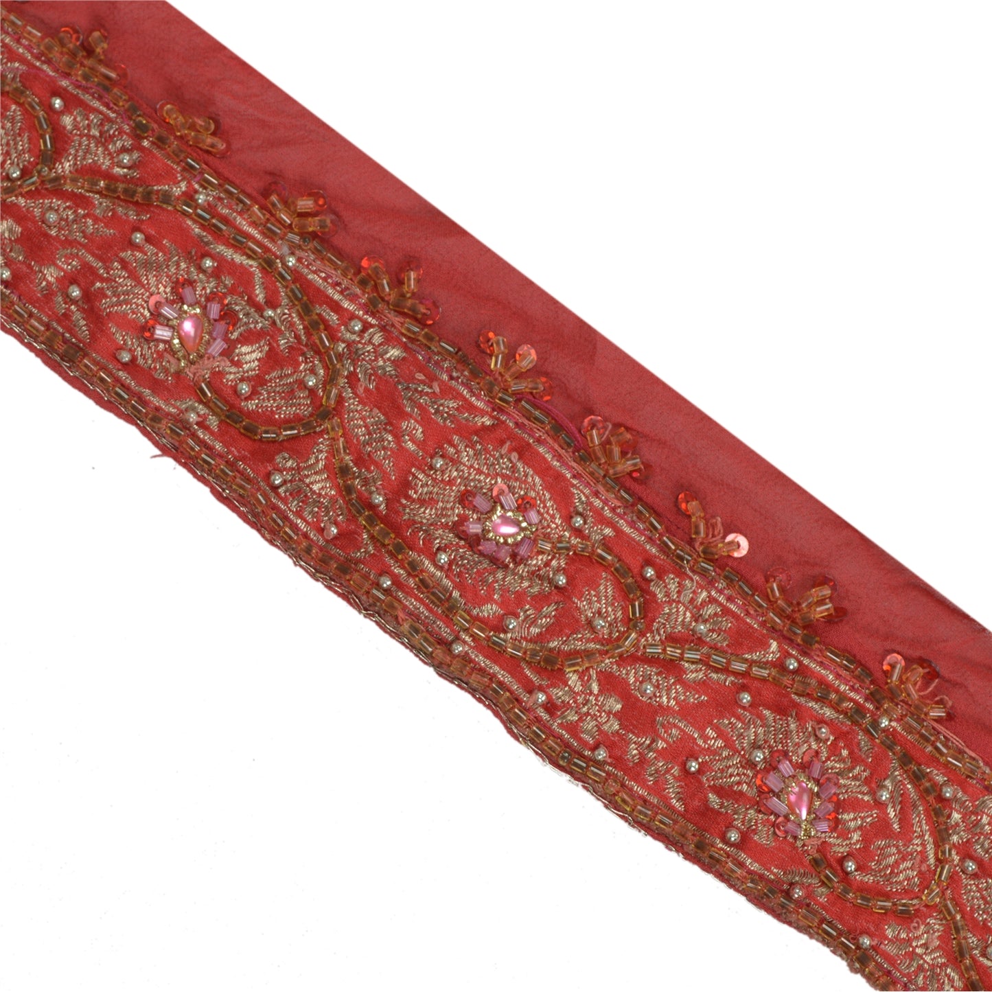 Sanskriti Vintage Sari Border Hand Beaded Brocade Zari Craft 1 YD Red Trims Lace