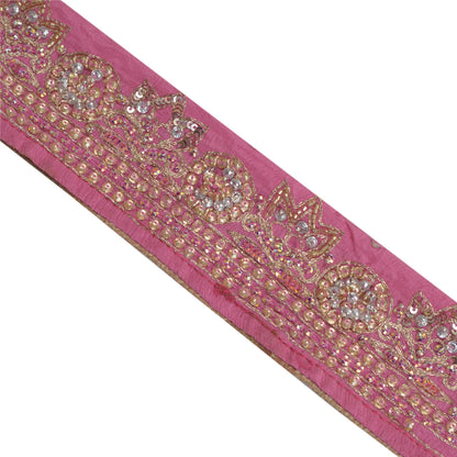 Sanskriti Vintage Sari Border Hand Beaded Craft 1 YD Sewing Pink Trims Deco Lace