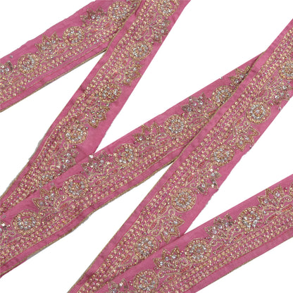 Sanskriti Vintage Sari Border Hand Beaded Craft 1 YD Sewing Pink Trims Deco Lace