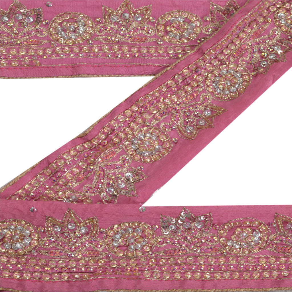 Sanskriti Vintage Sari Border Hand Beaded Craft 1 YD Sewing Pink Trims Deco Lace