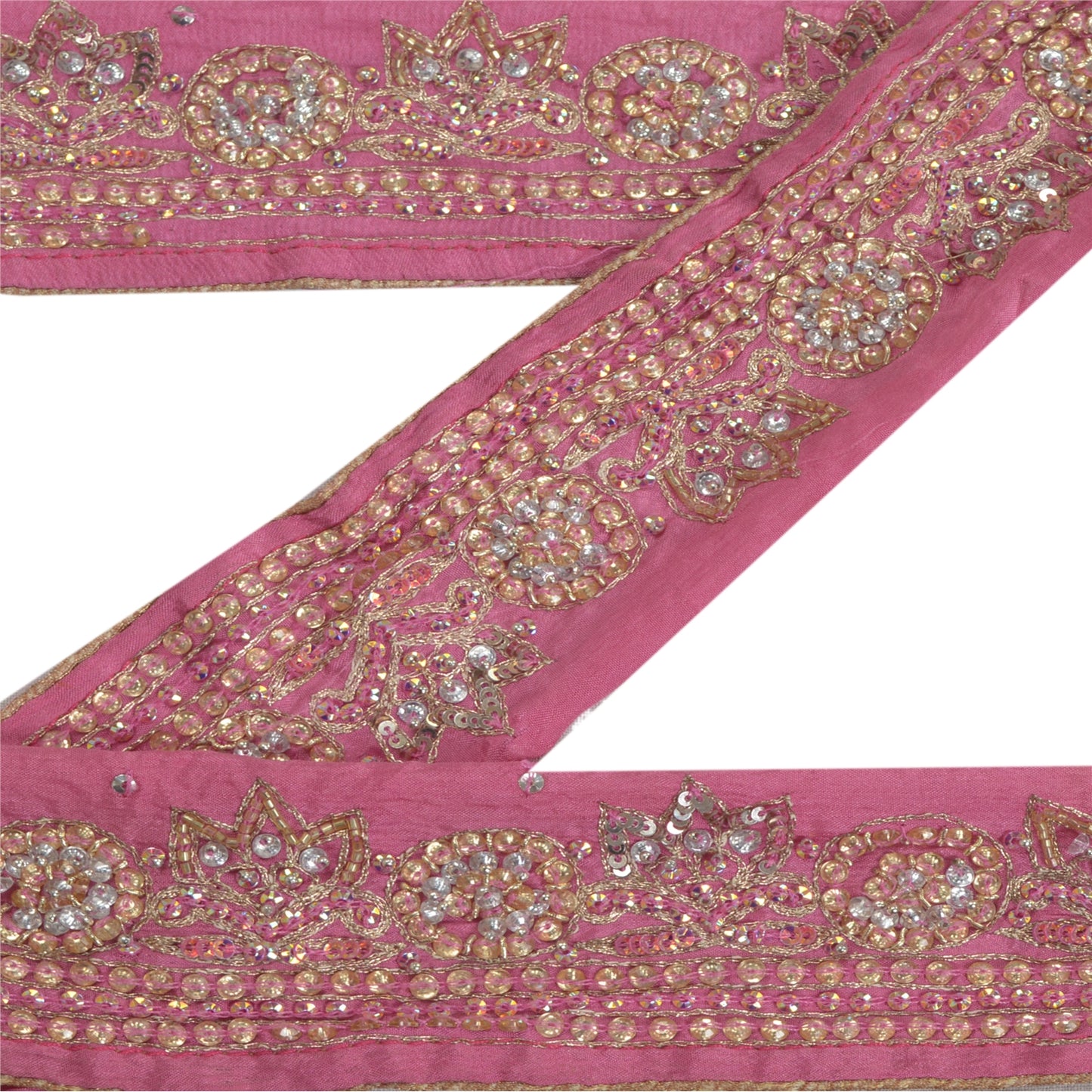 Sanskriti Vintage Sari Border Hand Beaded Craft 1 YD Sewing Pink Trims Deco Lace