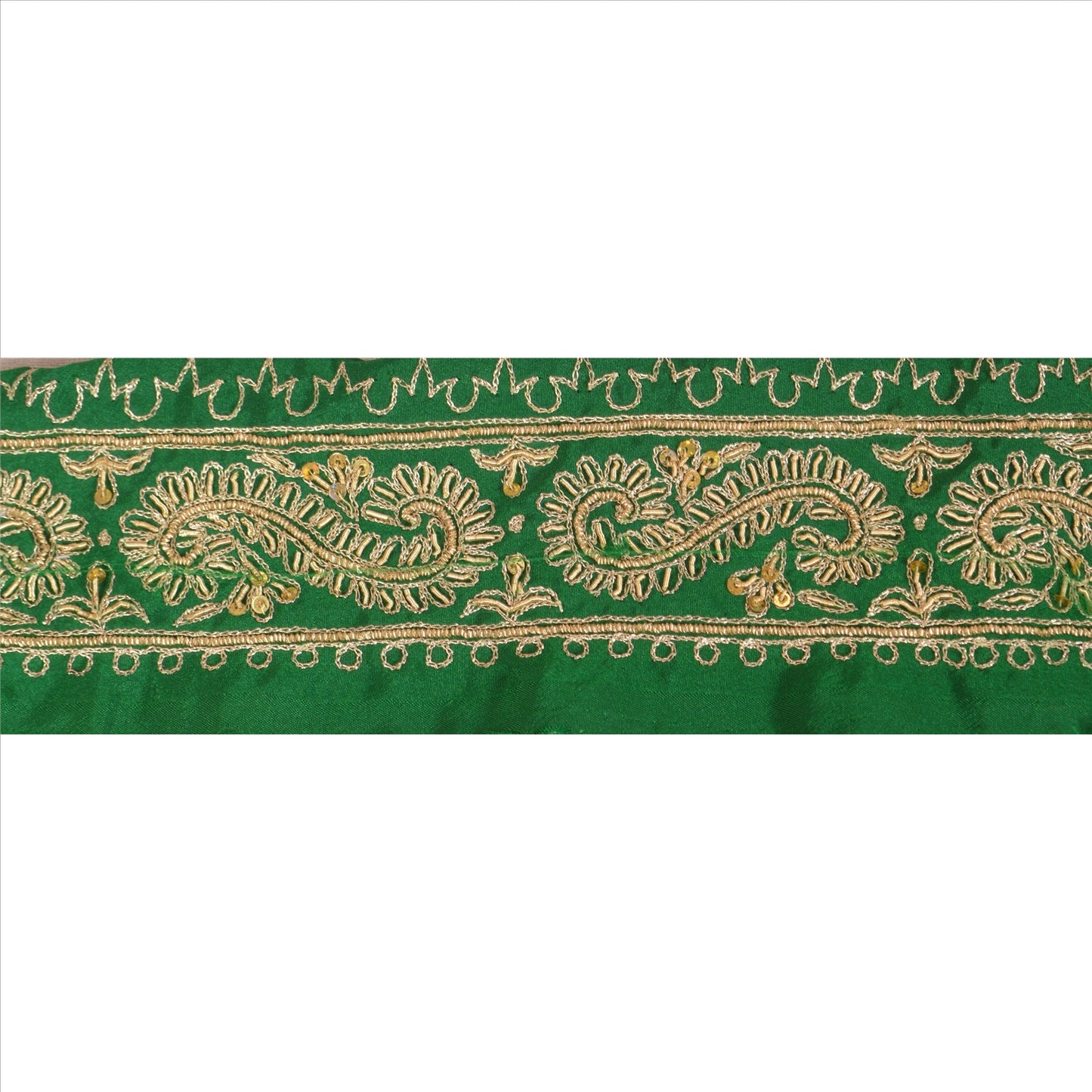 Sanskriti Vintage Sari Border Hand Beaded 1YD Indian Trim Sewing Green Zari Lace