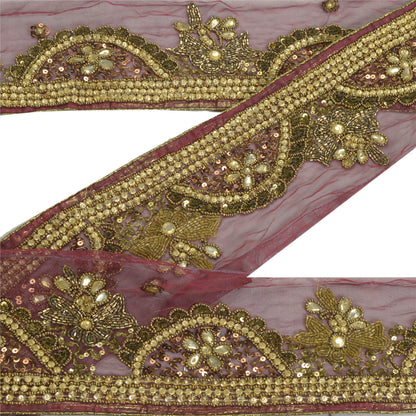 Sanskriti Vintage Sari Border Hand Beaded Craft 1 YD Sewing Dark Red Trims Lace