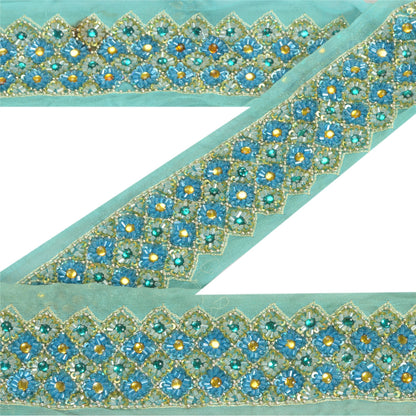 Sanskriti Vintage Sari Border Hand Beaded Craft 1YD Sewing Sea Green Trims Lace