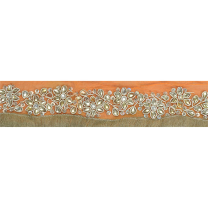 Sanskriti Vintage Sari Border Hand Beaded Craft 1 YD Sewing Orange Trims Lace