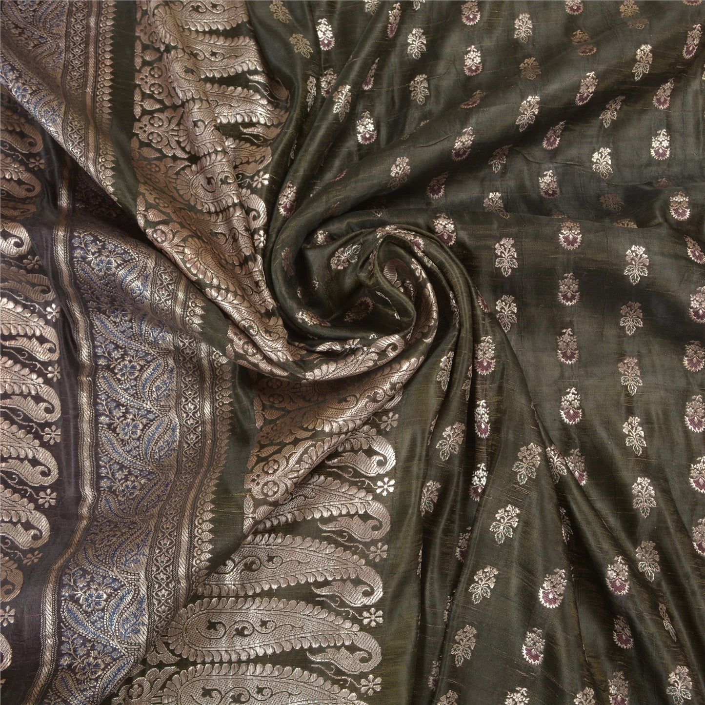 Sanskriti Vintage Brown Heavy Sarees Pure Satin Silk Woven Brocade Sari Fabric