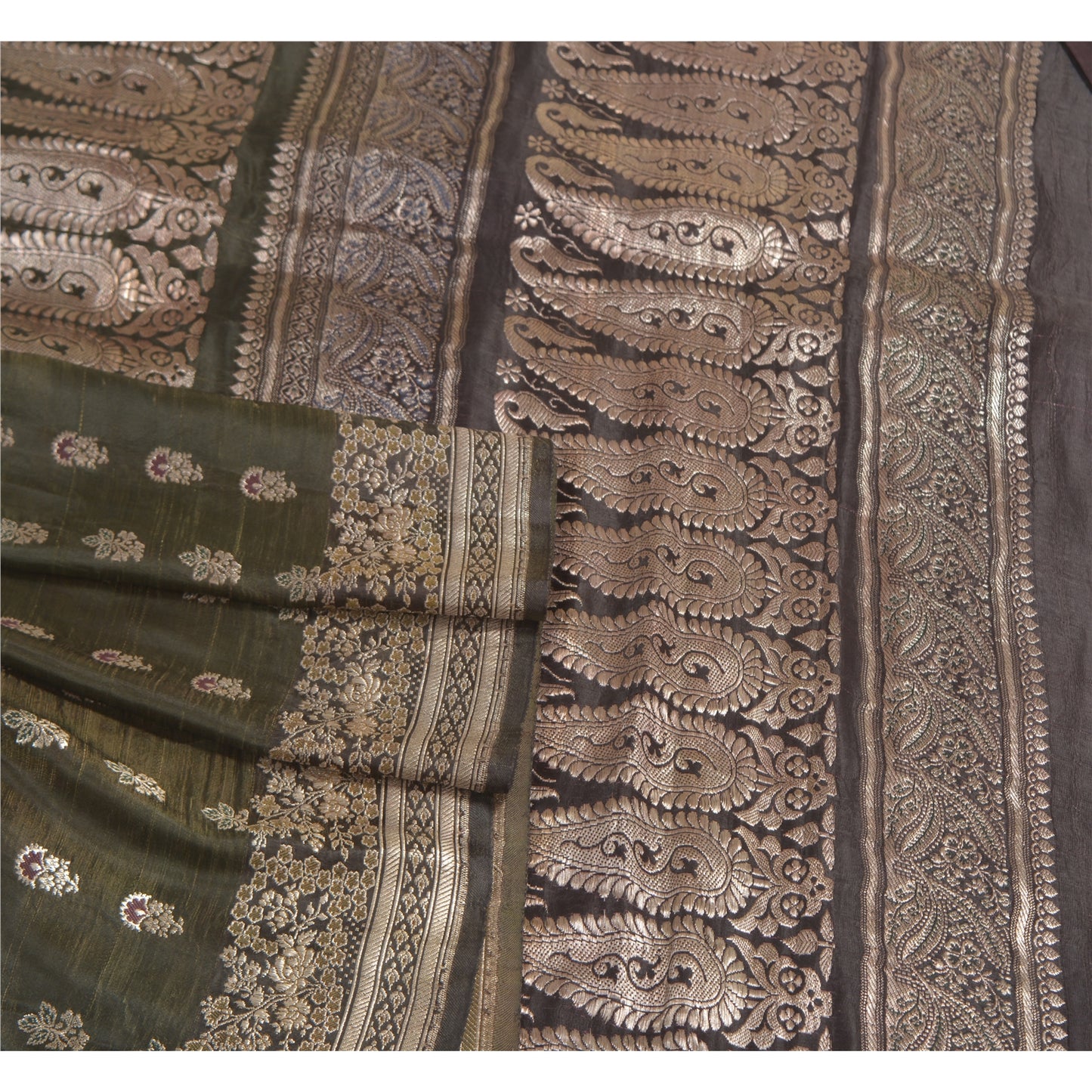 Sanskriti Vintage Brown Heavy Sarees Pure Satin Silk Woven Brocade Sari Fabric