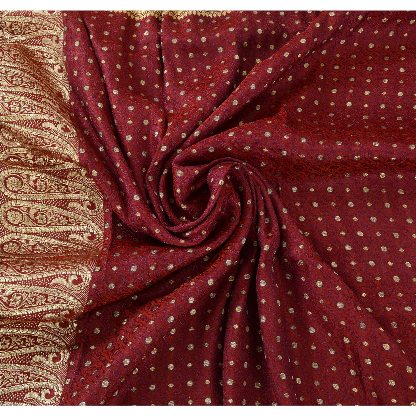 Sanskriti Vintage Dark Red Sarees Pure Satin Silk Woven Brocade Sari 5yd Fabric