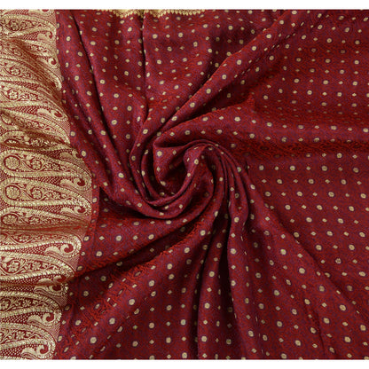 Sanskriti Vintage Dark Red Sarees Pure Satin Silk Woven Brocade Sari 5yd Fabric