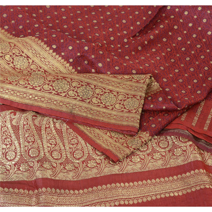 Sanskriti Vintage Dark Red Sarees Pure Satin Silk Woven Brocade Sari 5yd Fabric