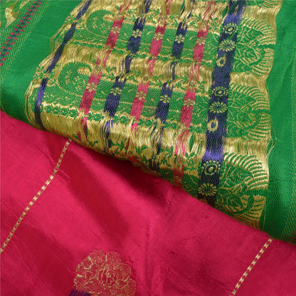 Sanskriti Vintage Pink/Green Wedding Sarees Pure Satin Silk Brocade Sari Fabric