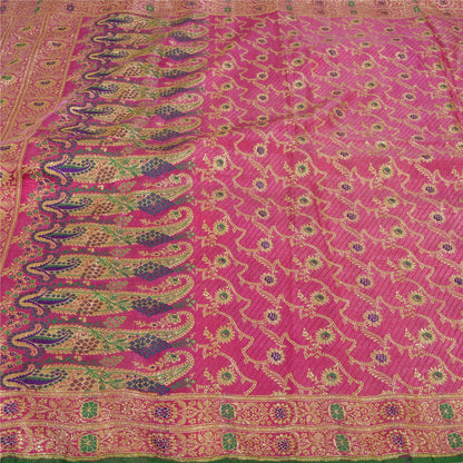 Sanskriti Vintage Magenta Indian Sarees Blend Silk Woven Sari 5 Yard Fabric