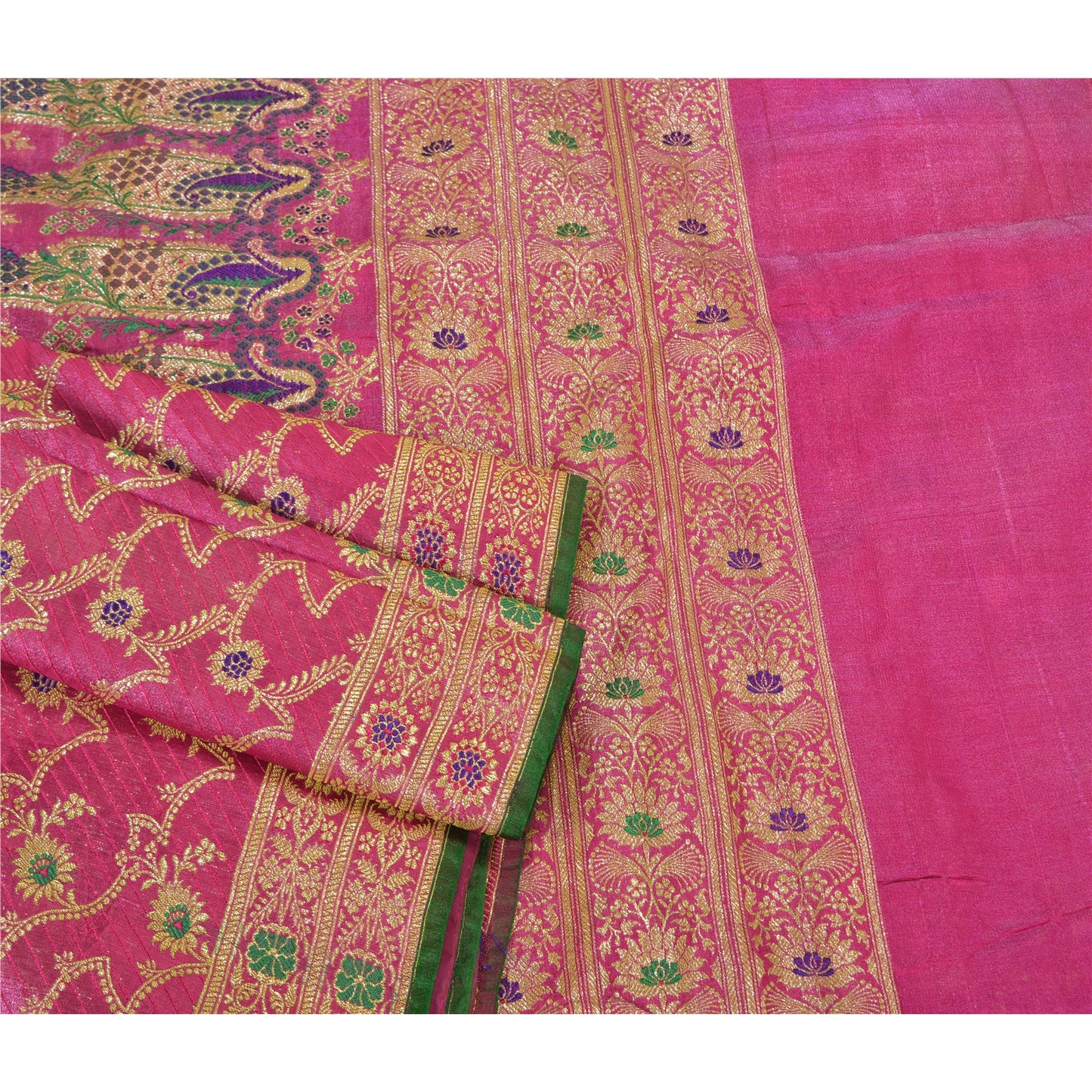 Sanskriti Vintage Magenta Indian Sarees Blend Silk Woven Sari 5 Yard Fabric