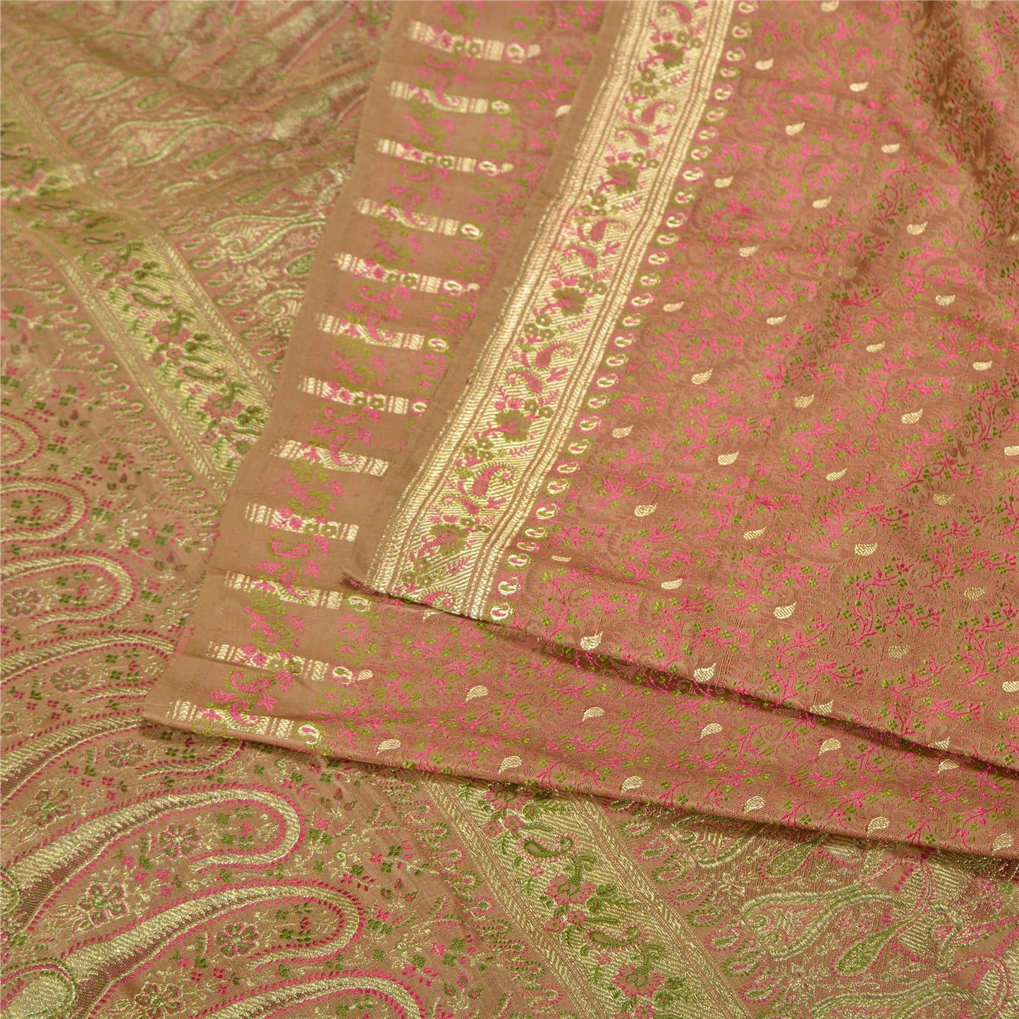 Sanskriti Vintage Peach Sarees Pure Satin Woven Brocade/Banarasi Sari Fabric