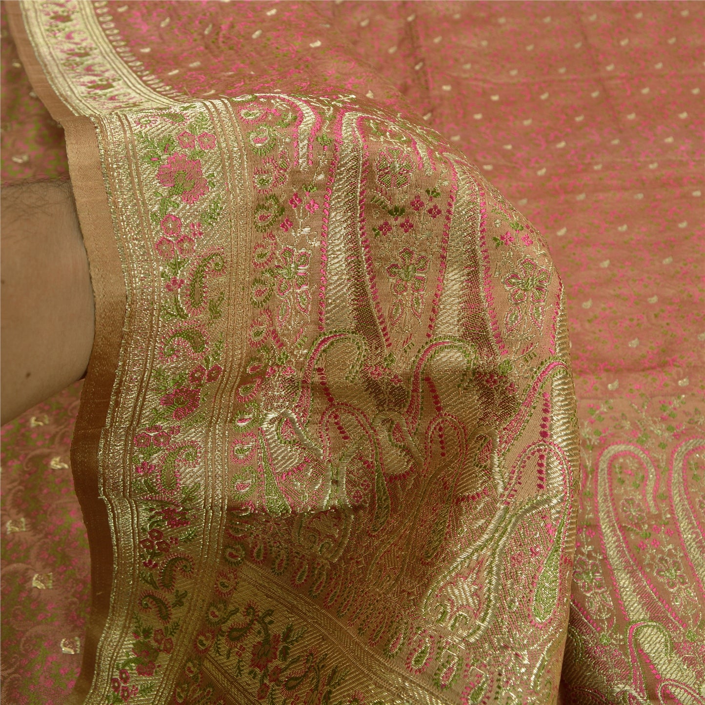 Sanskriti Vintage Peach Sarees Pure Satin Woven Brocade/Banarasi Sari Fabric