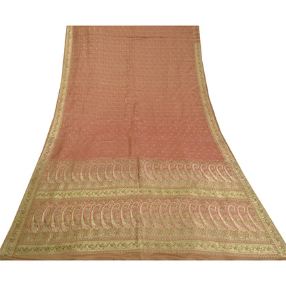 Sanskriti Vintage Peach Sarees Pure Satin Woven Brocade/Banarasi Sari Fabric