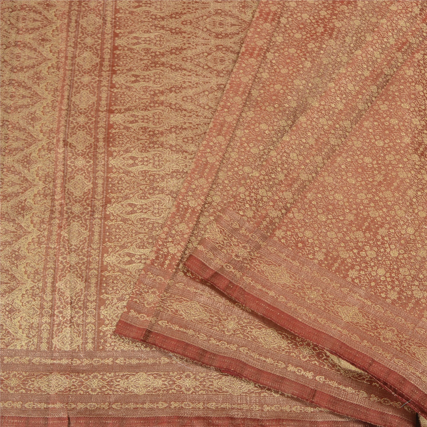 Sanskriti Vintage Golden Red Sarees Pure Satin Silk Woven Brocade Sari Fabric