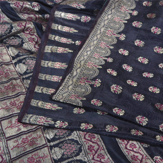 Sanskriti Vintage Dark Blue Sarees Pure Satin Woven Brocade/Banarasi Sari Fabric