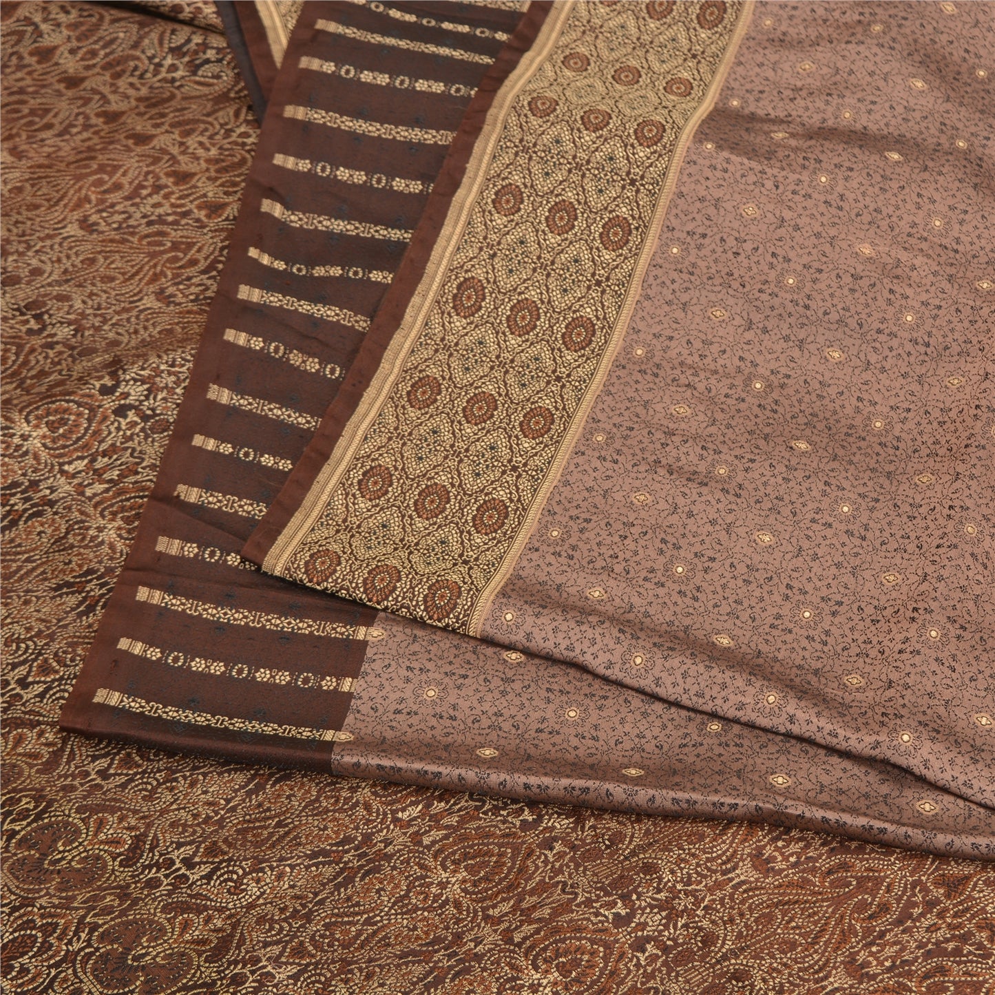 Sanskriti Vintage Brown Indian Sarees Pure Satin Silk Woven Sari Premium Fabric