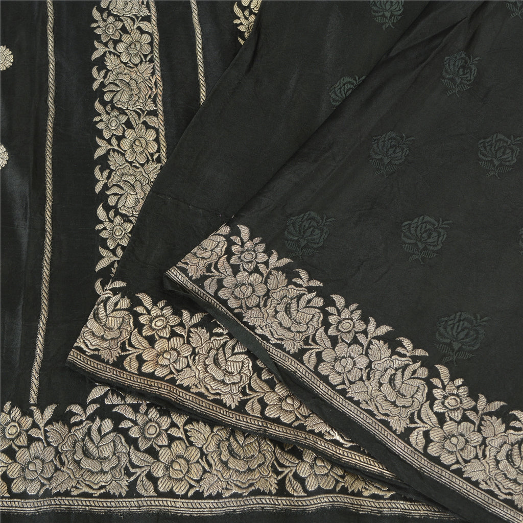 Sanskriti Vintage Black Sarees Pure Satin Silk Hand Woven Brocade Sari 5ydFabric