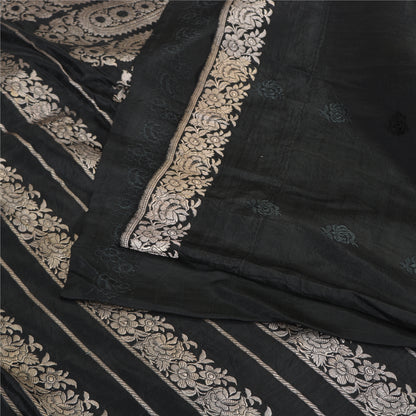 Sanskriti Vintage Black Sarees Pure Satin Silk Hand Woven Brocade Sari 5ydFabric