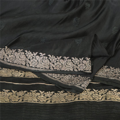 Sanskriti Vintage Black Sarees Pure Satin Silk Hand Woven Brocade Sari 5ydFabric