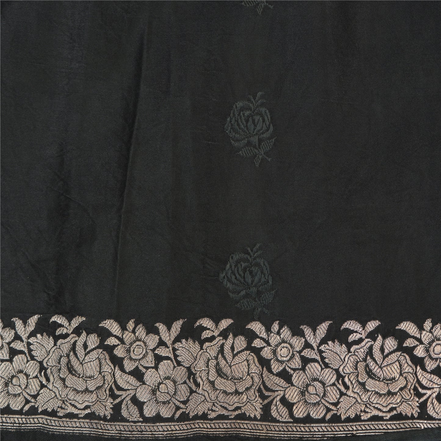 Sanskriti Vintage Black Sarees Pure Satin Silk Hand Woven Brocade Sari 5ydFabric