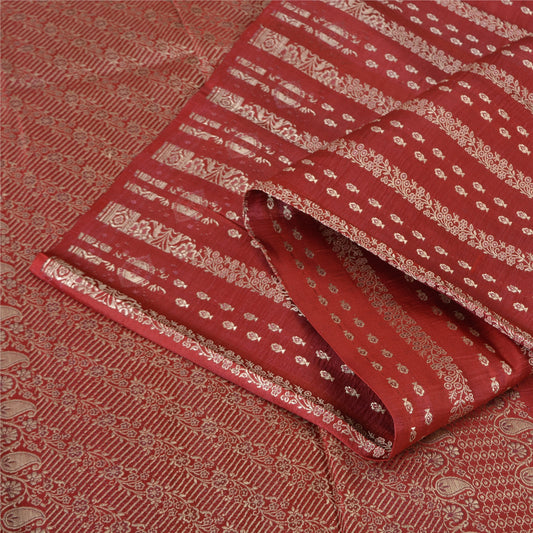 Sanskriti Vintage Sarees Red Brocade/Banarasi Zari Woven Pure Satin Sari Fabric