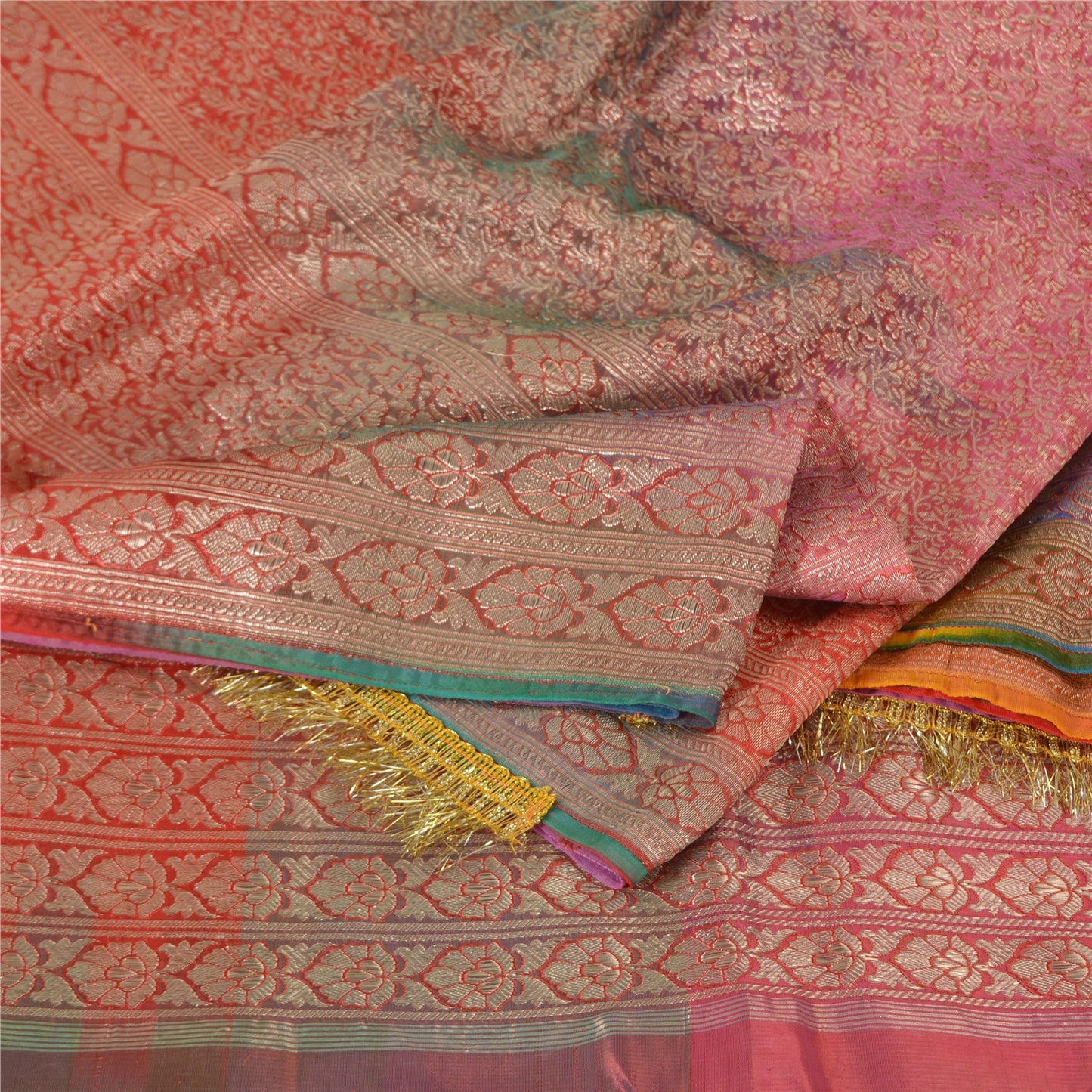 Sanskriti Vintage Sarees Multi Brocade/Banarasi Zari Work Pure Satin Sari Fabric