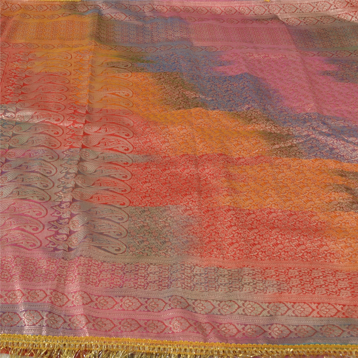 Sanskriti Vintage Sarees Multi Brocade/Banarasi Zari Work Pure Satin Sari Fabric