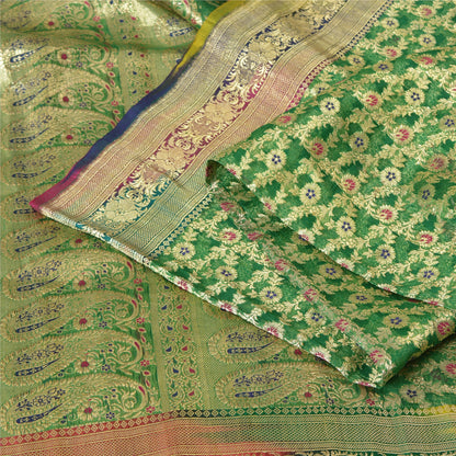 Sanskriti Vintage Sarees Green Brocade/Banarasi Zari Woven Pure Silk Sari Fabric